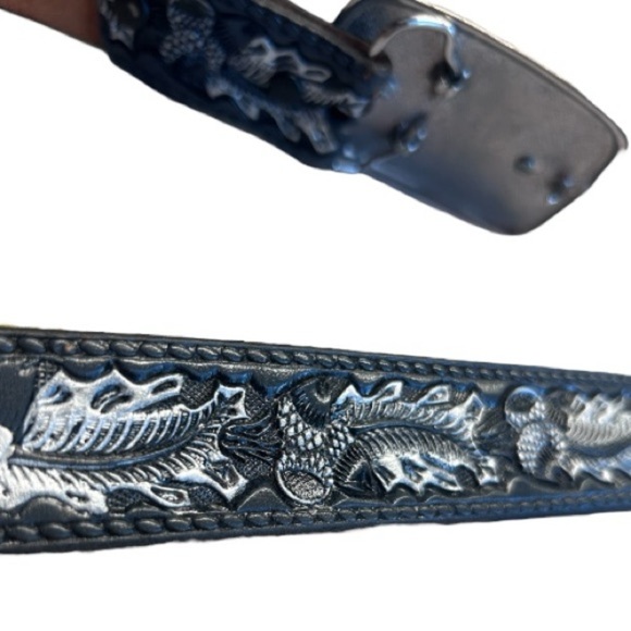 Mallory Black Western Leather Embossed Belt Silver Tone Buckle with Rose Inlay - Picture 3 of 7